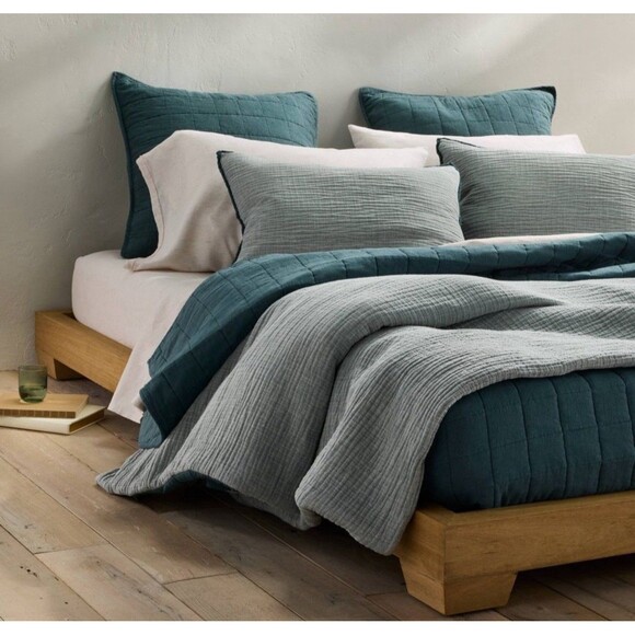 Full/Queen Textured Chambray Cotton Comforter & Sham Set Dark Teal Blue NEW - Picture 2 of 9